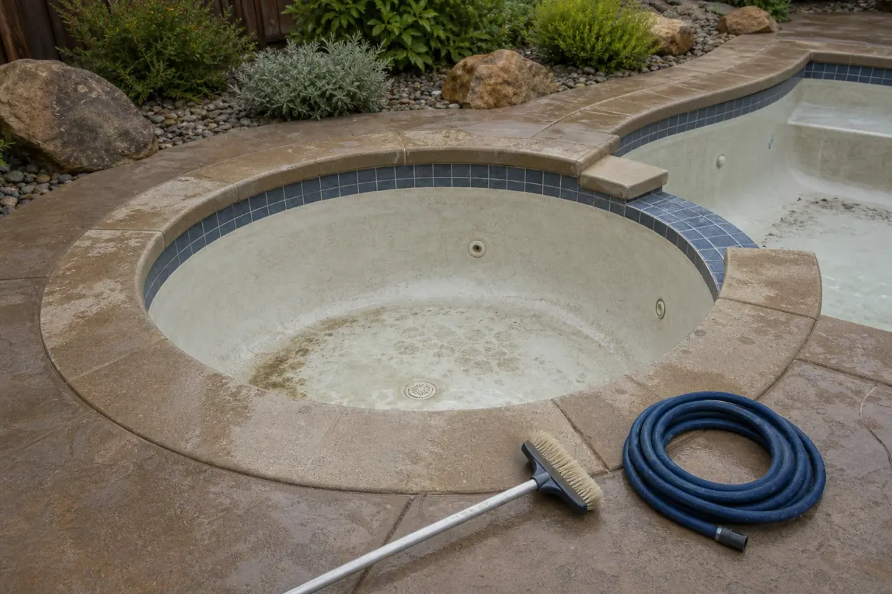Illustration of an empty attached spa or pool section prepared for deeper cleaning