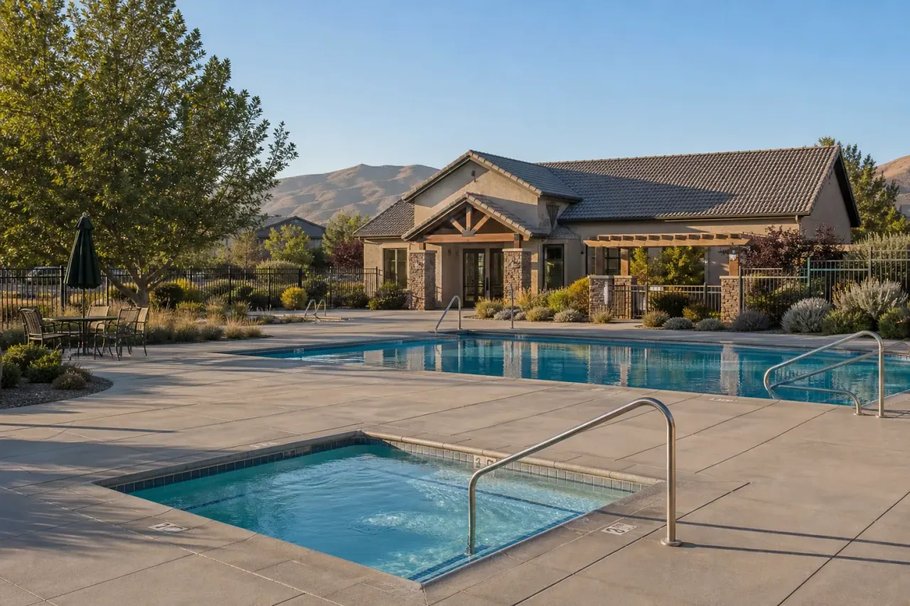 Illustration of an HOA community swimming pool and shared amenity area