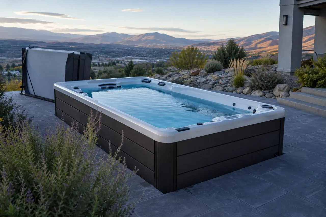 Illustration of a modern outdoor swim spa with clear water in Northern Nevada