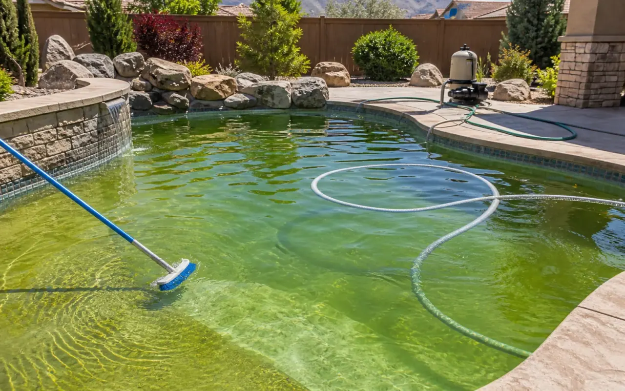 Illustration of green pool water and residential pool equipment