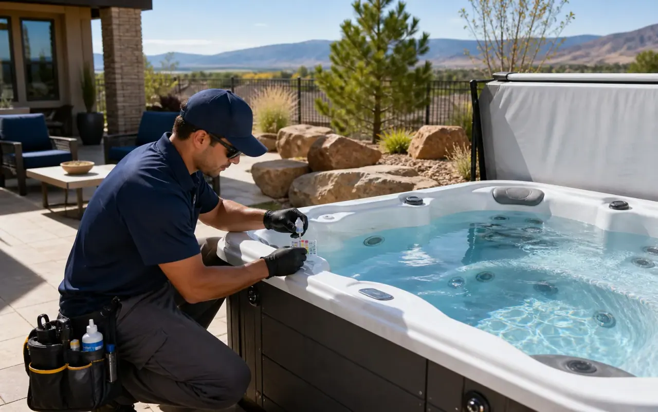 Illustration of a technician checking an outdoor hot tub