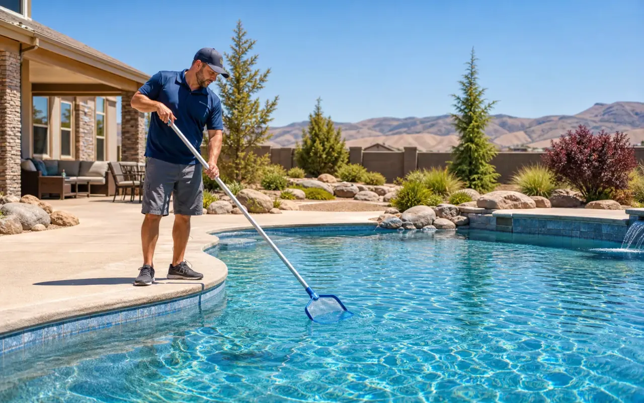 Illustration of a technician cleaning a residential swimming pool