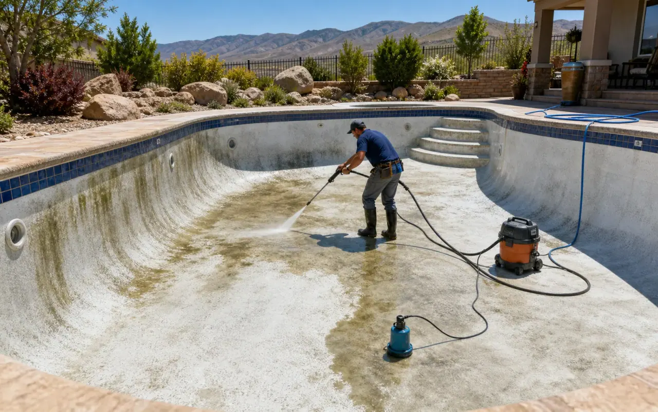 Illustration of an empty residential pool during cleaning