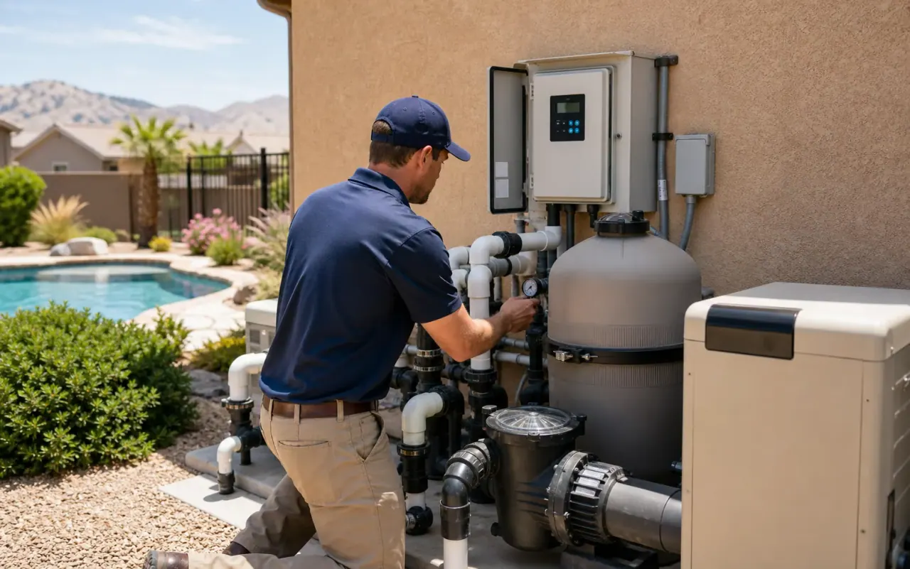 Illustration of a pool pump, filter, and heater equipment pad
