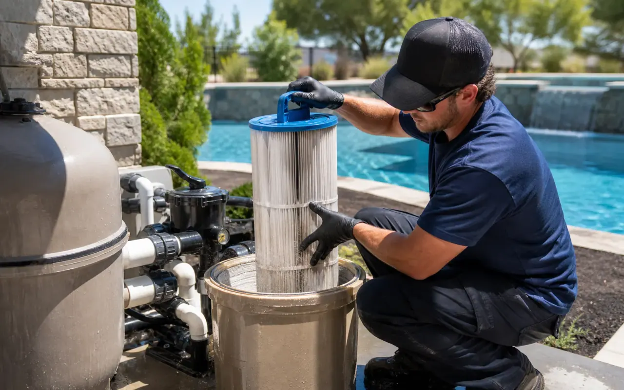 Illustration of pool filter cartridges being cleaned