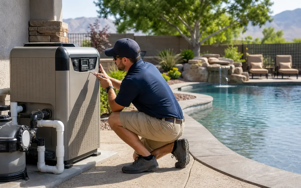 Illustration of a technician inspecting a pool heater