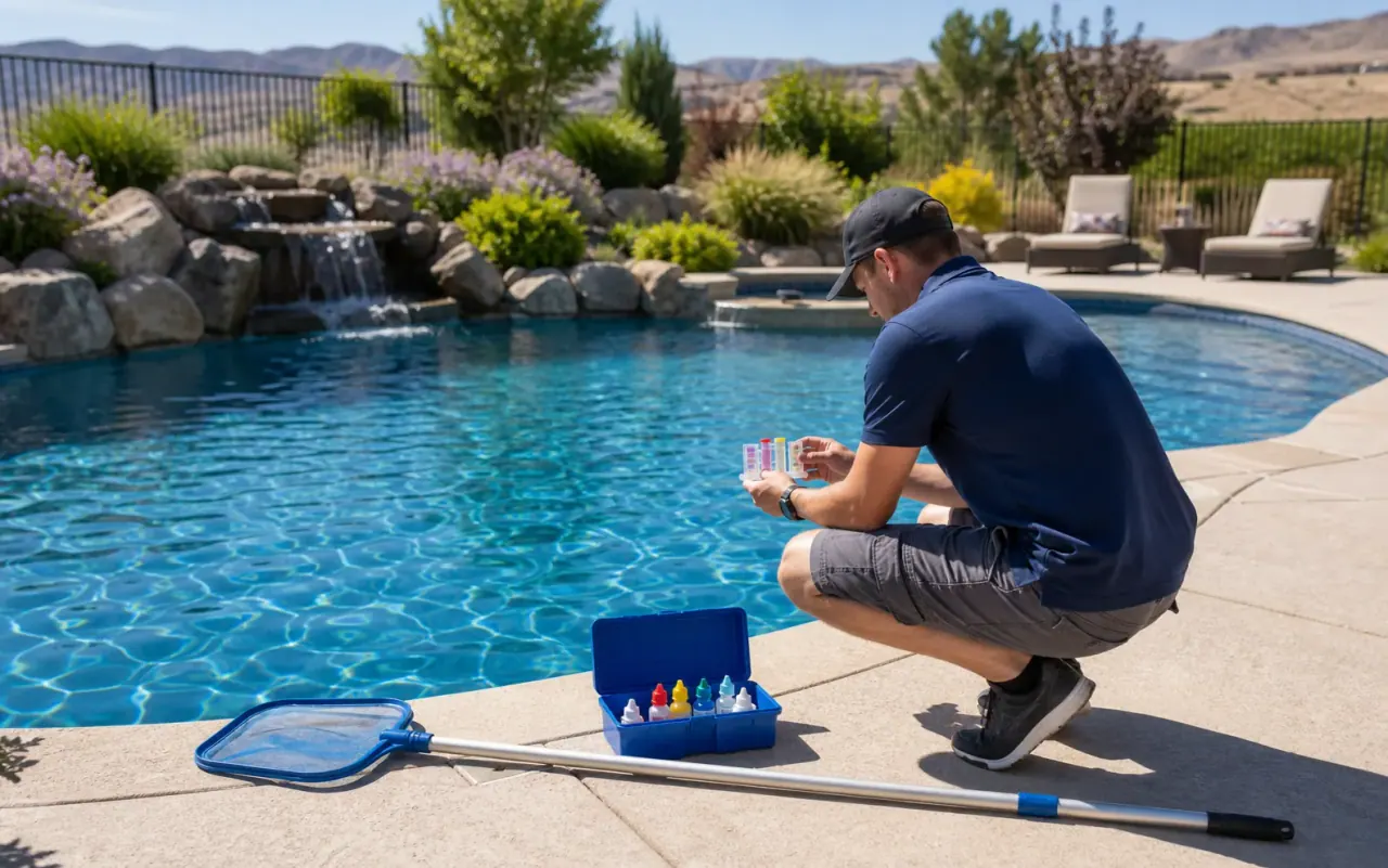 Illustration of a pool technician testing residential pool water
