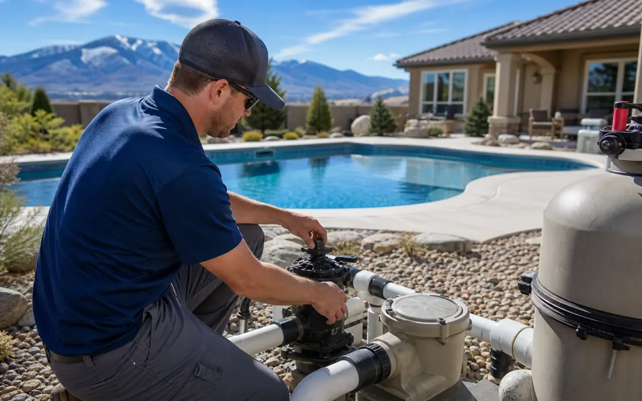Illustration of a technician preparing a pool for seasonal service