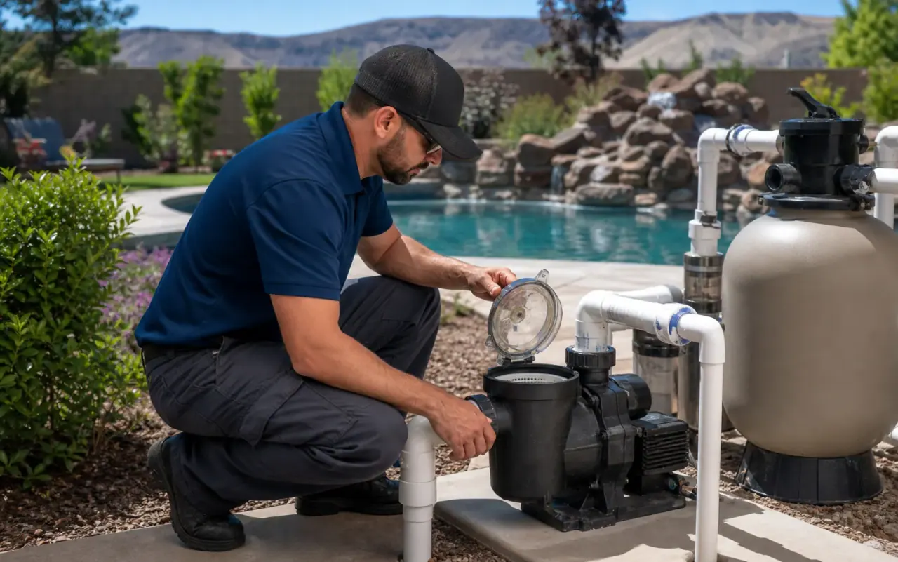 Illustration of a technician inspecting a pool pump