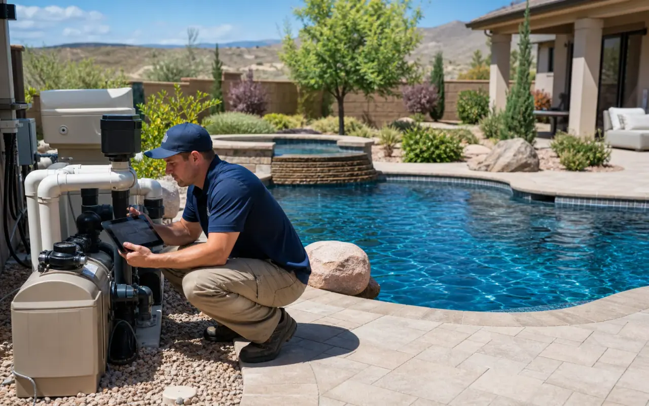 Illustration of a technician inspecting residential pool equipment