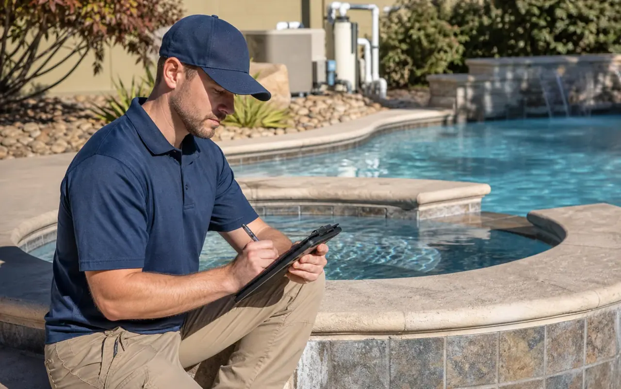 Illustration of a technician performing a visual pool inspection