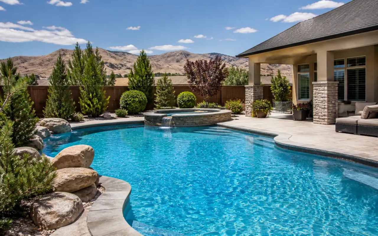 Illustration of a clean backyard pool with desert landscaping