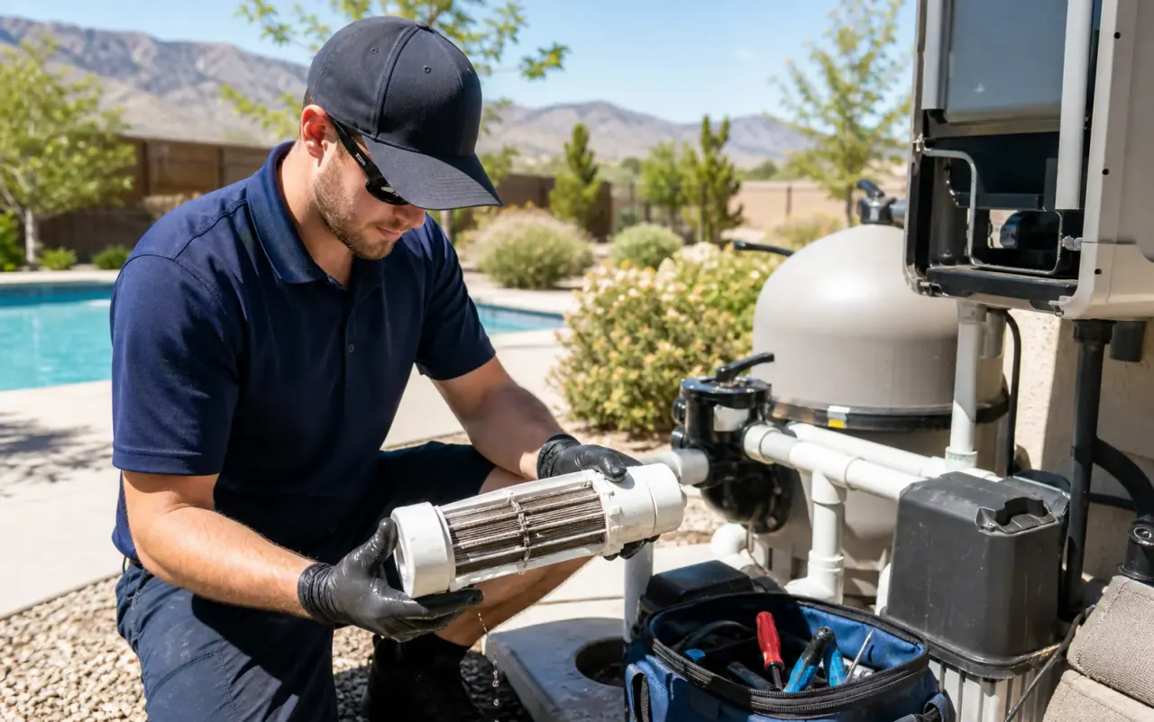 Illustration of a technician inspecting a pool salt cell