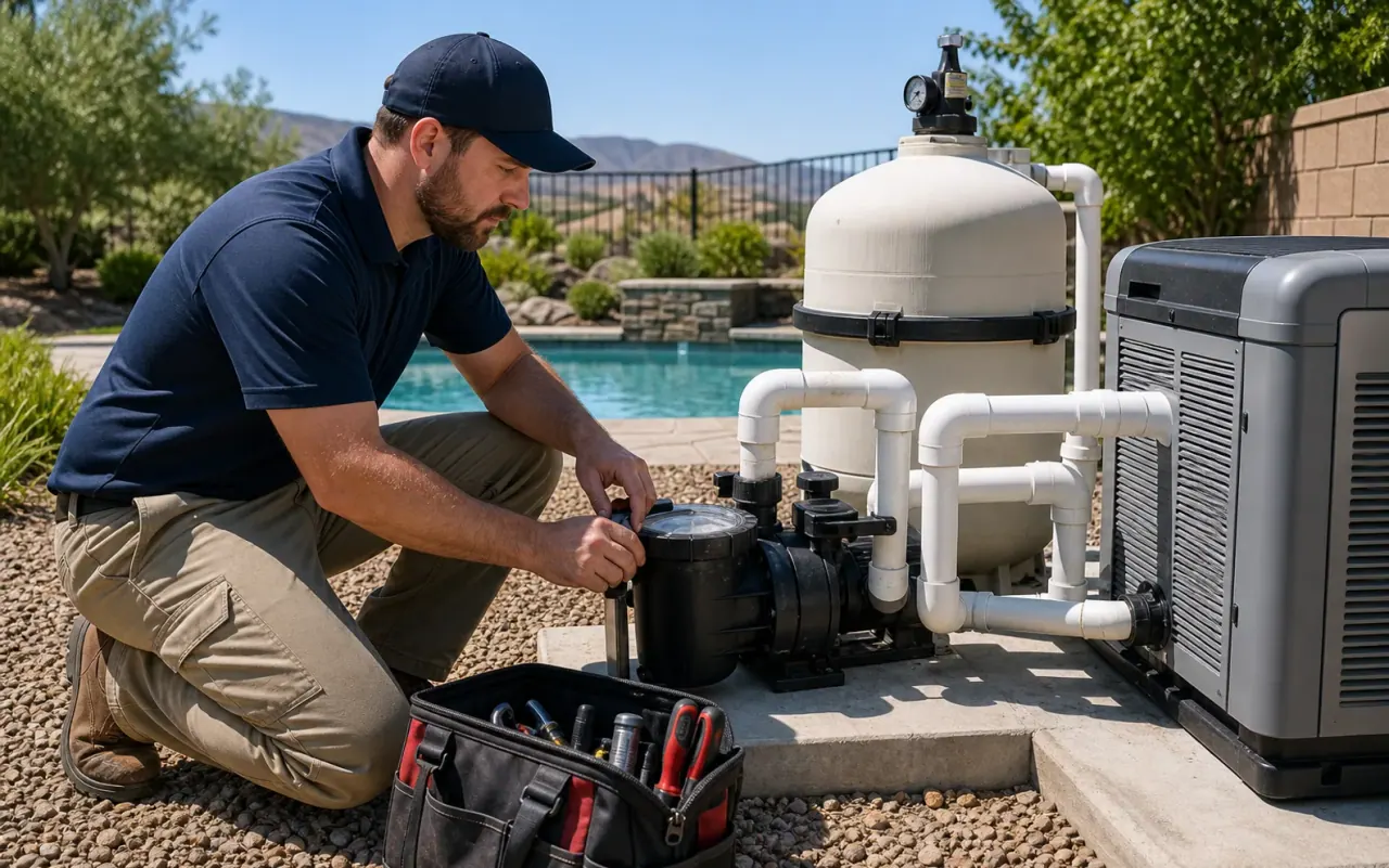 Illustration of a technician checking pool equipment