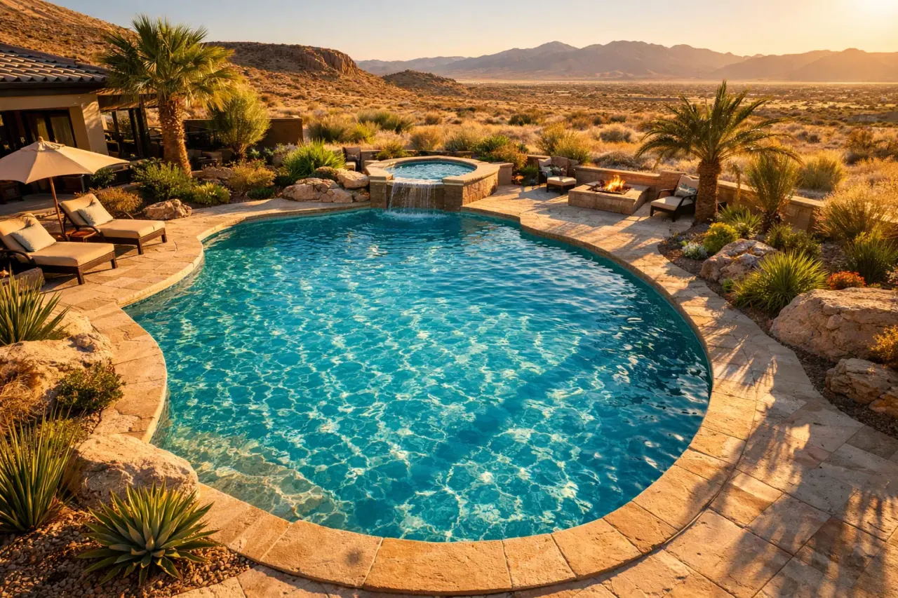 Outdoor swimming pool with desert landscaping